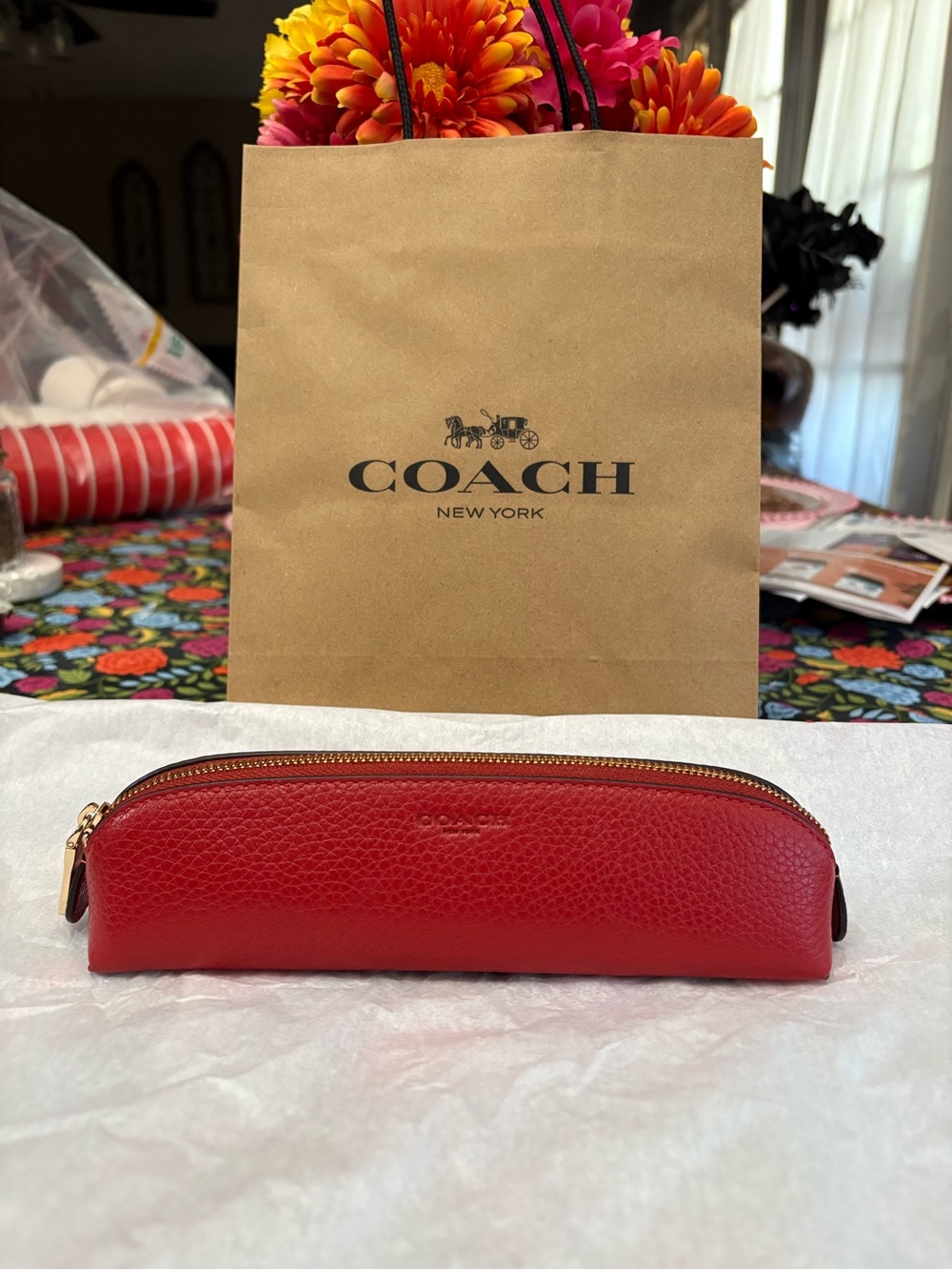 COACH Red Pebbled Leather Zip Pouch